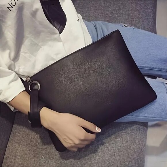 Handbags - Matte Black Large Envelope Clutch Bag Wristlet Chic & Elegant Vegan Leather